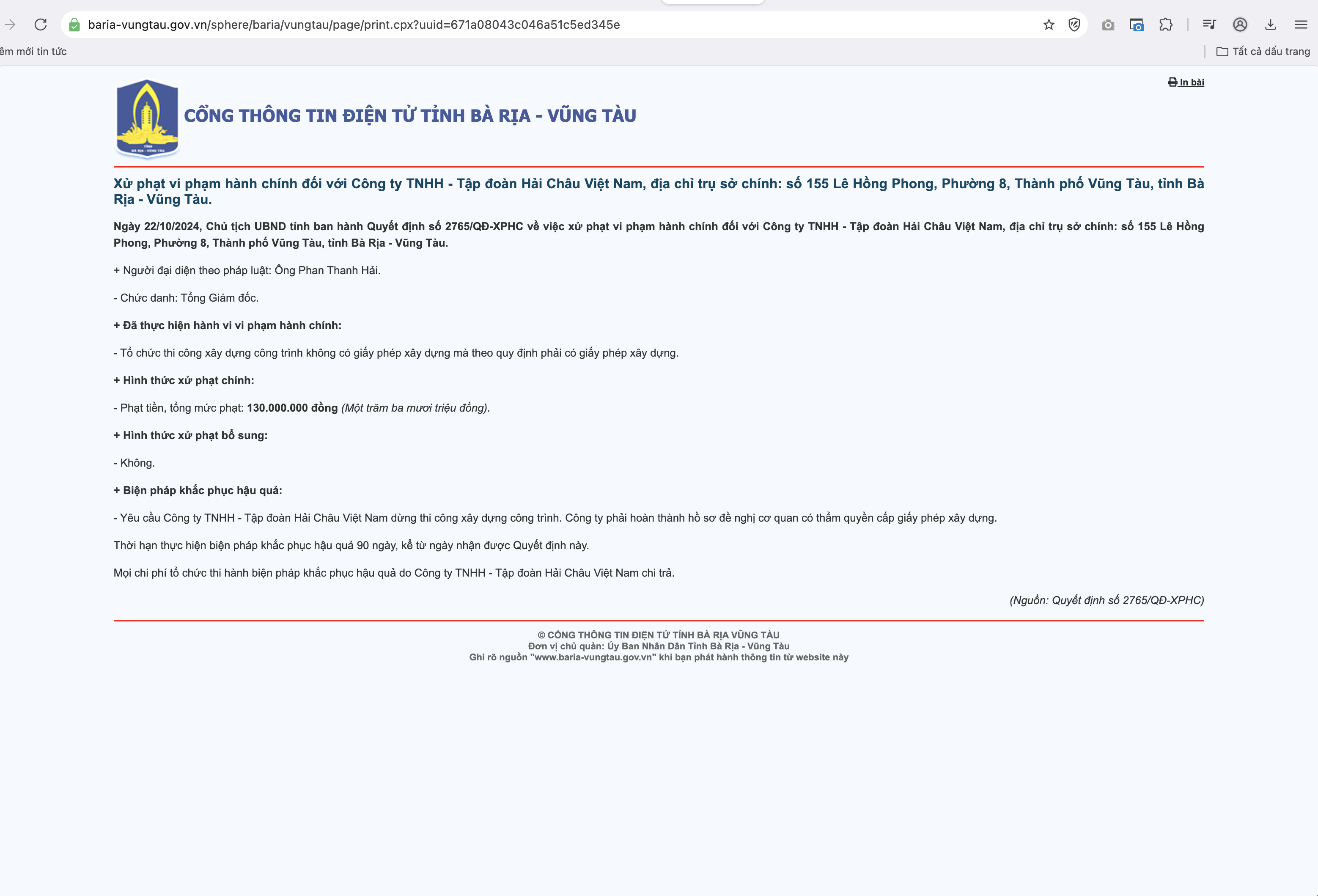 Tập đoàn Hải Châu Việt Nam bị xử phạt 130 triệu đồng vì xây dựng không phép